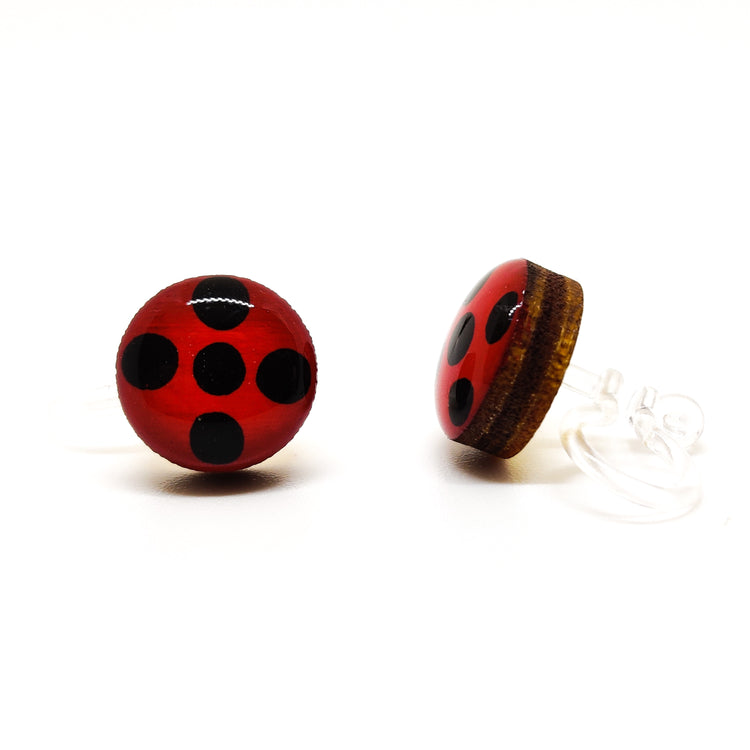 Stud Earrings, Ladybug, 10 mm, Handmade, Invisible Clip on or Posts for Sensitive Ears - Candi Cove Designs