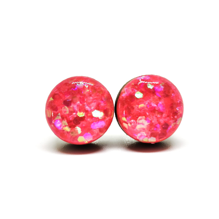 Stud Earrings, Pink Hexagon Confetti Sparkle, 10 mm, Handmade, Stainless Steel Posts for Sensitive Ears - Candi Cove Designs