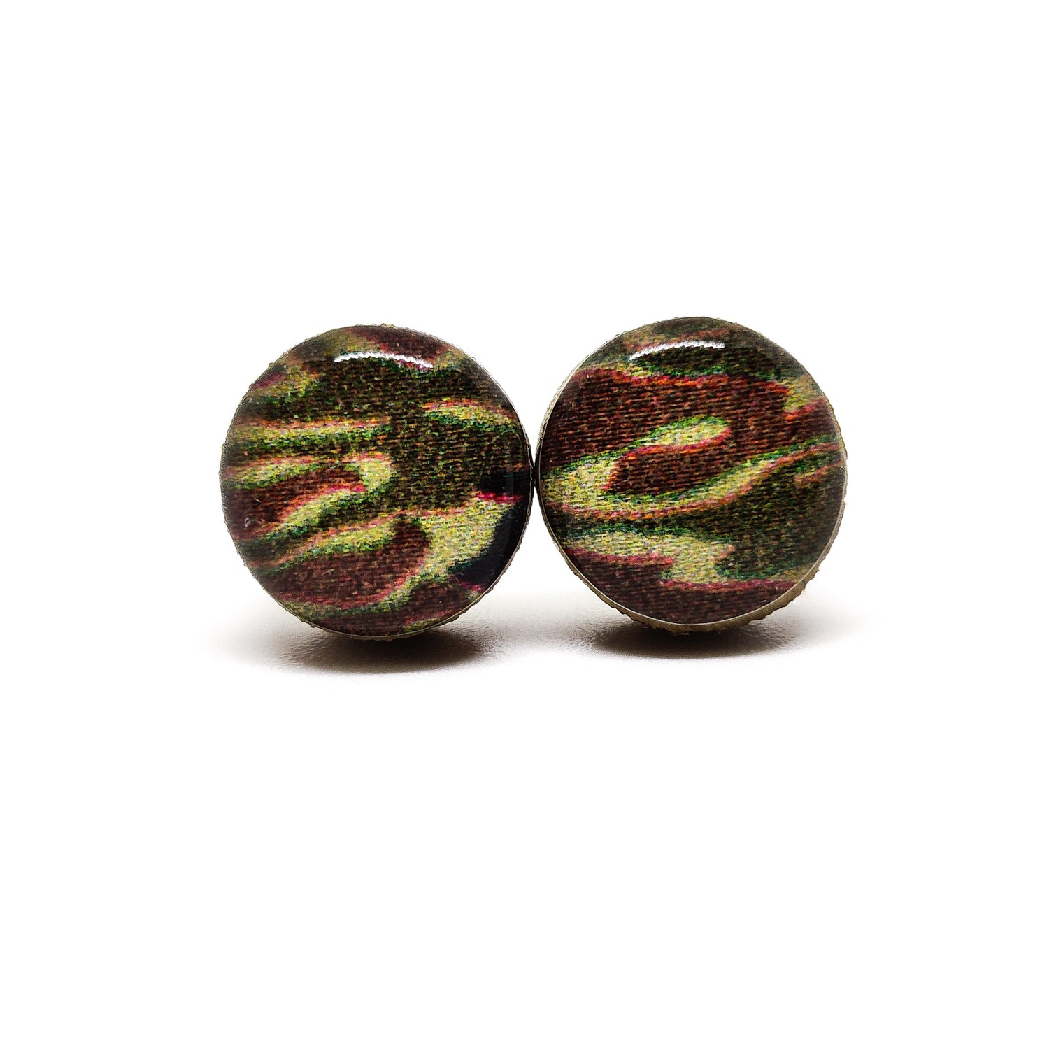 Stud Earrings, Hunter Army Green Camo 10 mm, Handmade, Stainless Steel Posts for Sensitive Ears - Candi Cove Designs