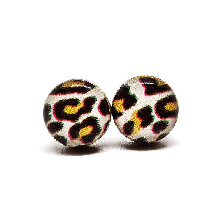 Stud Earrings, Cream and Black Cheetah, 10 mm, Handmade, Stainless Steel Posts for Sensitive Ears - Candi Cove Designs