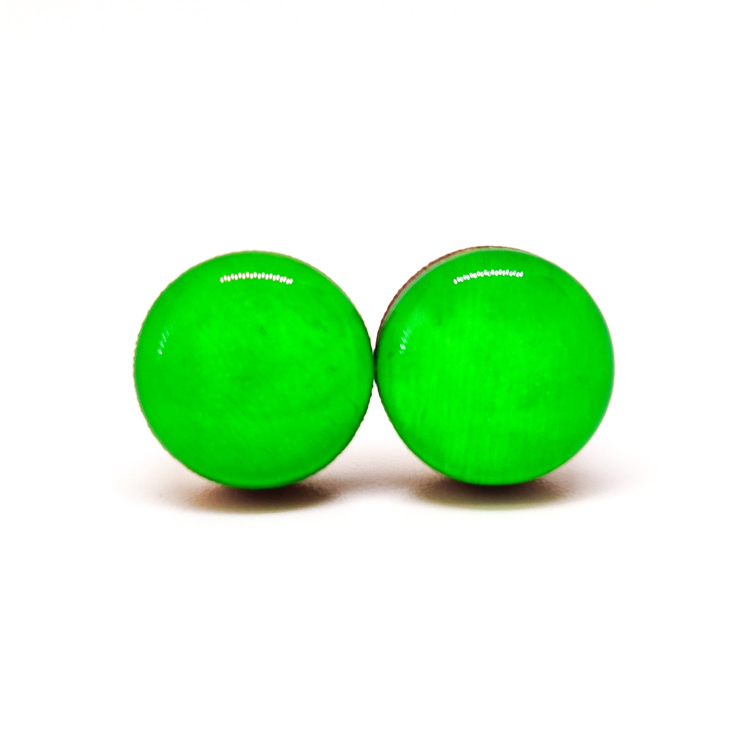 Stud Earrings, Neon Green, 10 mm, Handmade, Stainless Steel Posts for Sensitive Ears - Candi Cove Designs