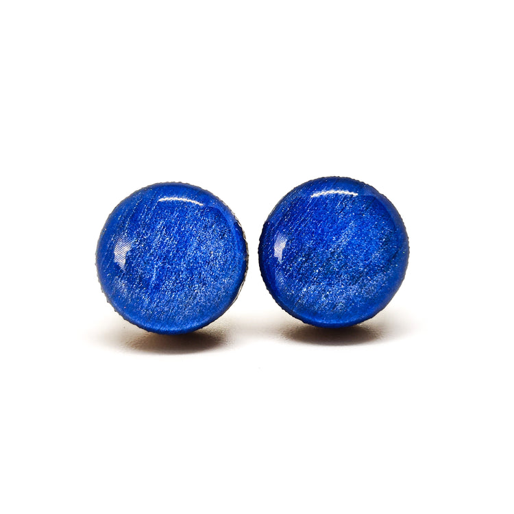 Stud Earrings, Deep Blue Ocean Shimmer, 10 mm, Handmade, Stainless Steel Posts for Sensitive Ears - Candi Cove Designs