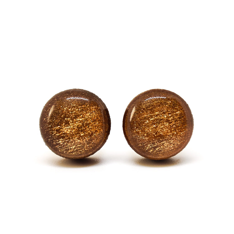 Stud Earrings, Carmel Espresso Shimmer, 10 mm, Handmade, Stainless Steel Posts for Sensitive Ears - Candi Cove Designs