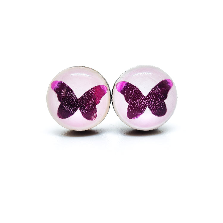Stud Earrings, Purple Sparkle Butterfly, 10 mm, Handmade, Stainless Steel Posts for Sensitive Ears - Candi Cove Designs