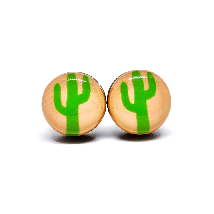 Stud Earrings, Cactus Sunset, 10 mm, Handmade, Stainless Steel Posts for Sensitive Ears - Candi Cove Designs