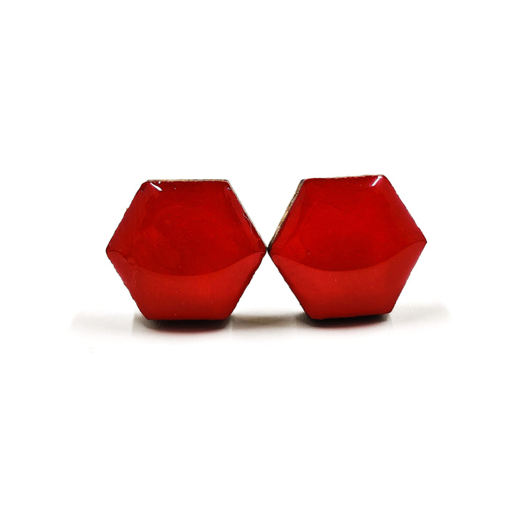 Lipstick Red Hexagon 10 mm Stud Earrings, Handmade, Stainless Steel Posts for Sensitive Ears - Candi Cove Designs