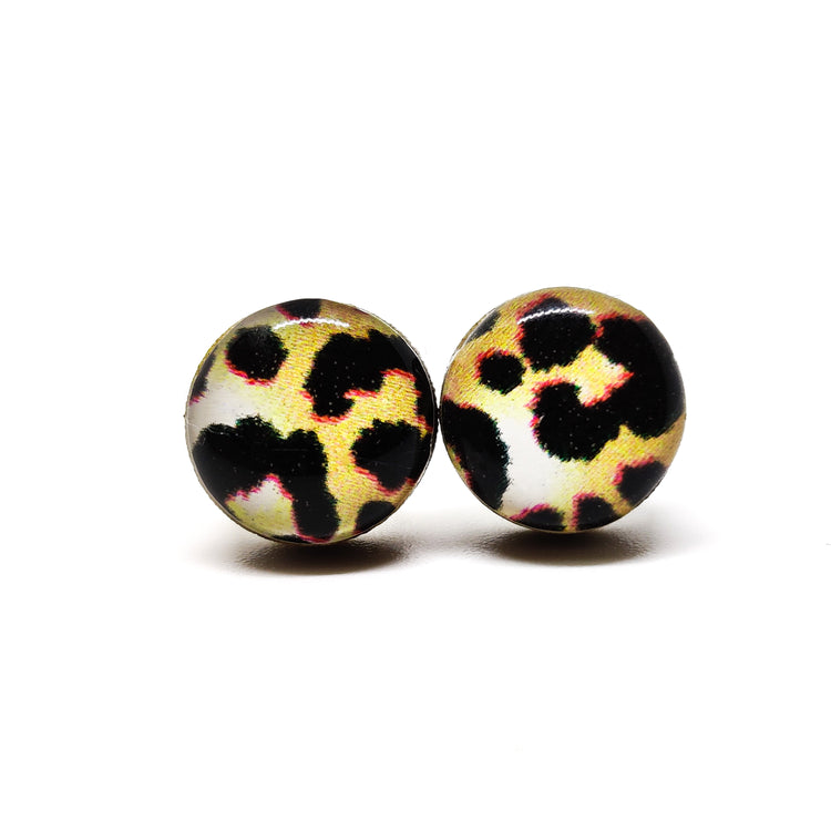 Stud Earrings, Black and Tan Cheetah, 10 mm, Handmade, Stainless Steel Posts for Sensitive Ears - Candi Cove Designs