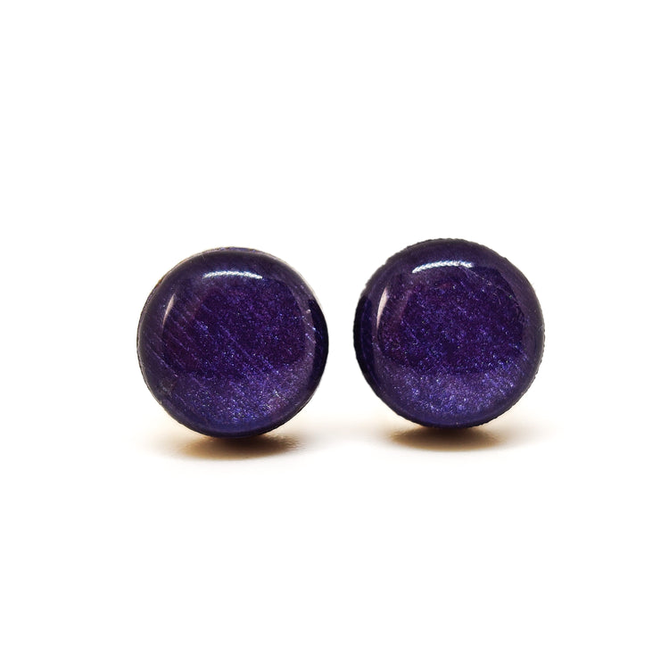 Stud Earrings, Deep Purple Shimmer, 10 mm, Handmade, Stainless Steel Posts for Sensitive Ears - Candi Cove Designs