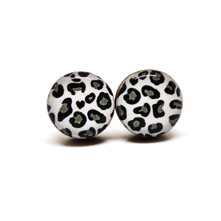 Stud Earrings, Black, White, Grey Snow Leopard, 10 mm, Handmade, Stainless Steel Posts for Sensitive Ears - Candi Cove Designs