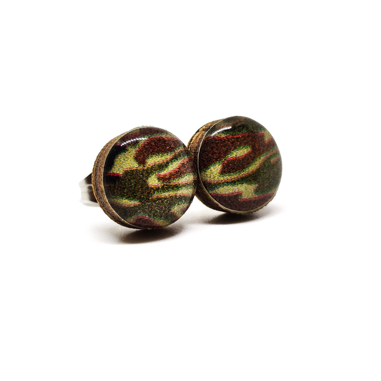Stud Earrings, Hunter Army Green Camo 10 mm, Handmade, Stainless Steel Posts for Sensitive Ears - Candi Cove Designs