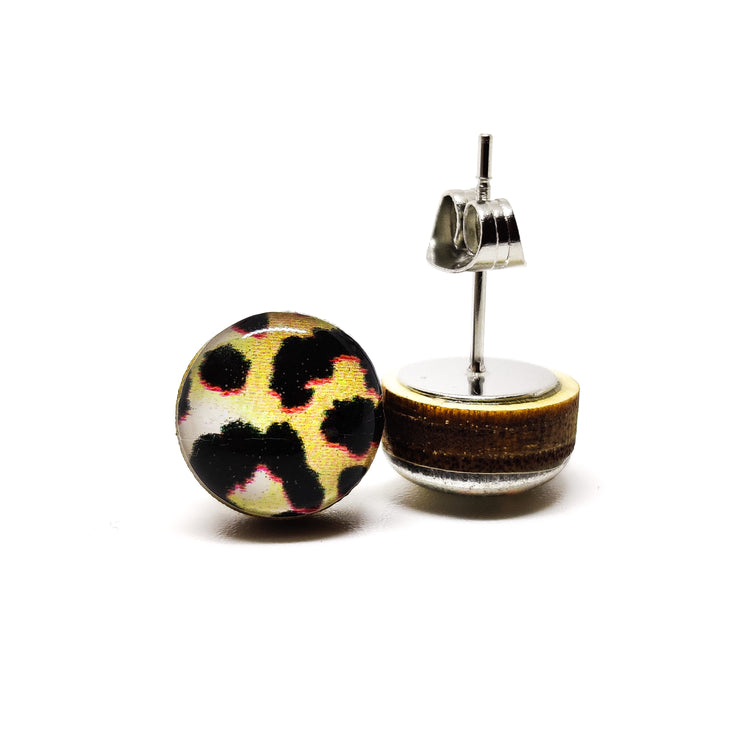 Stud Earrings, Black and Tan Cheetah, 10 mm, Handmade, Stainless Steel Posts for Sensitive Ears - Candi Cove Designs