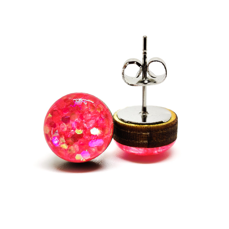Stud Earrings, Pink Hexagon Confetti Sparkle, 10 mm, Handmade, Stainless Steel Posts for Sensitive Ears - Candi Cove Designs