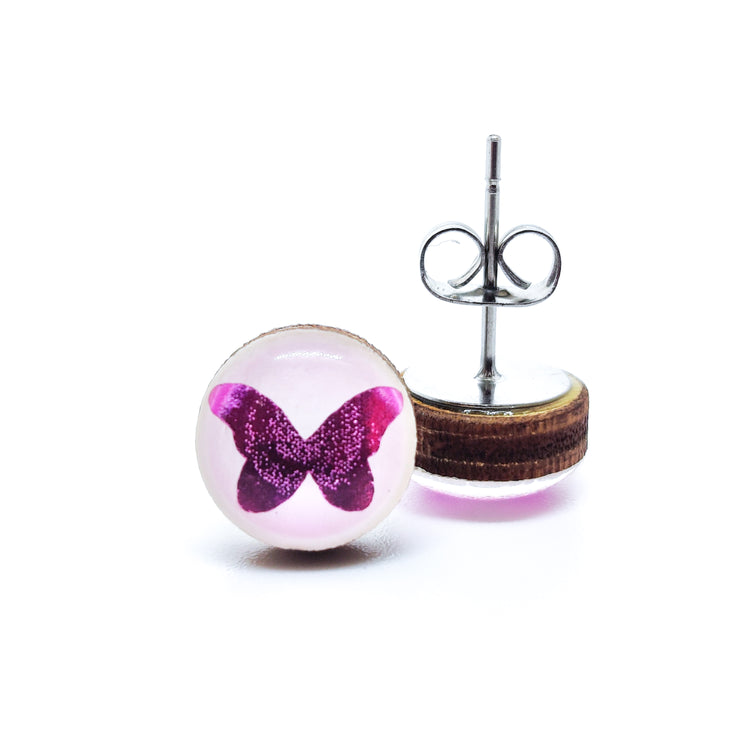 Stud Earrings, Purple Sparkle Butterfly, 10 mm, Handmade, Stainless Steel Posts for Sensitive Ears - Candi Cove Designs