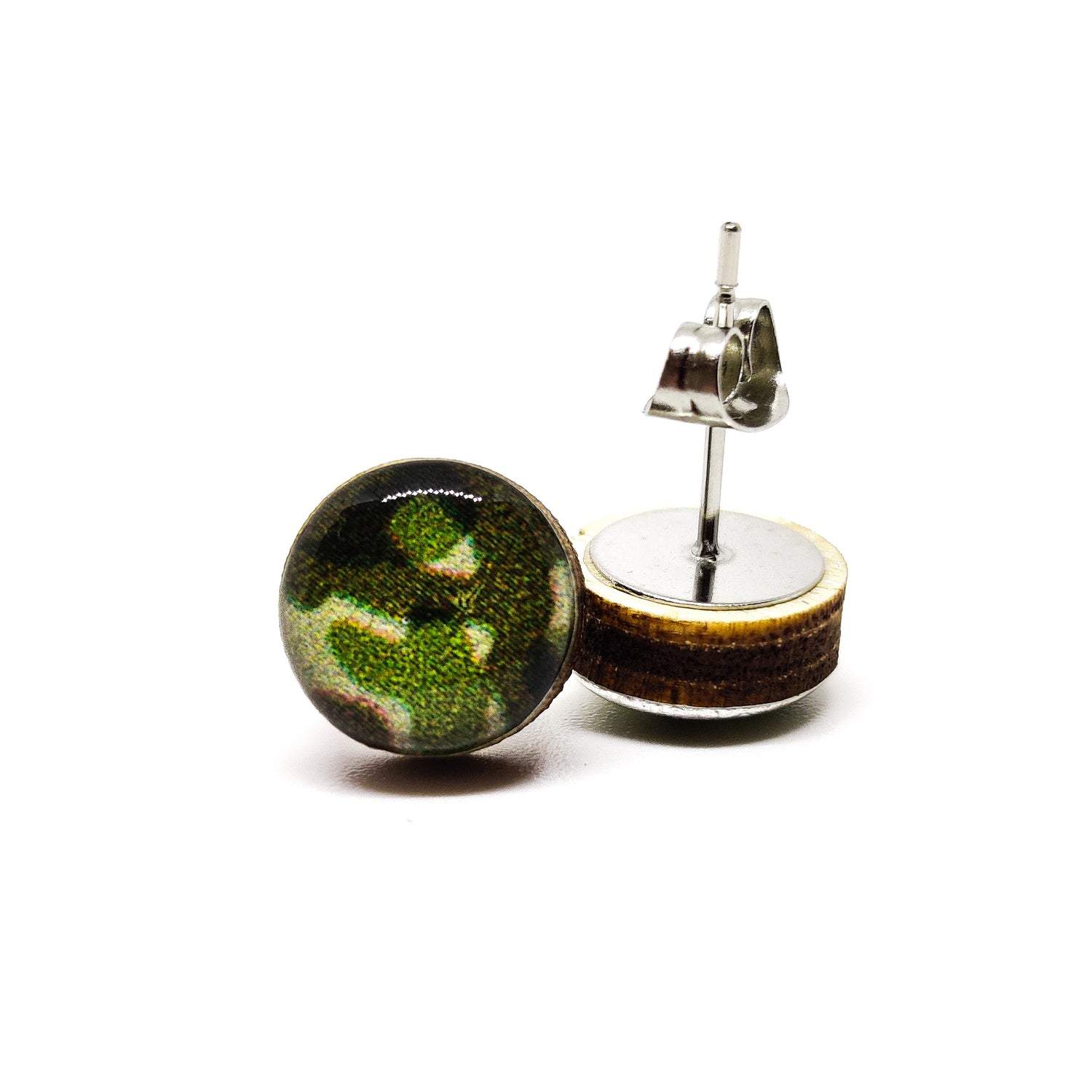Stud Earrings, Forest Green Camo, 10 mm, Handmade, Stainless Steel Posts for Sensitive Ears - Candi Cove Designs