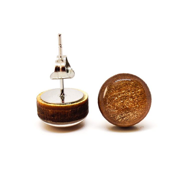 Stud Earrings, Carmel Espresso Shimmer, 10 mm, Handmade, Stainless Steel Posts for Sensitive Ears - Candi Cove Designs