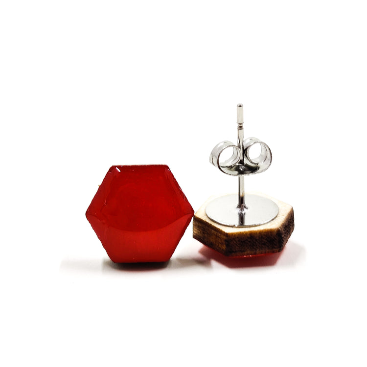 Lipstick Red Hexagon 10 mm Stud Earrings, Handmade, Stainless Steel Posts for Sensitive Ears - Candi Cove Designs