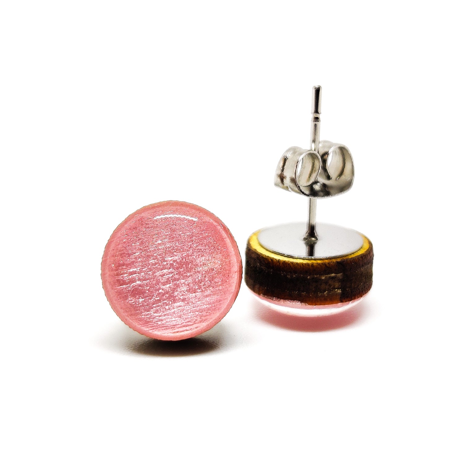 Pink Quartz Shimmer 10 mm Stud Earrings, Handmade, Stainless Steel Posts for Sensitive Ears - Candi Cove Designs