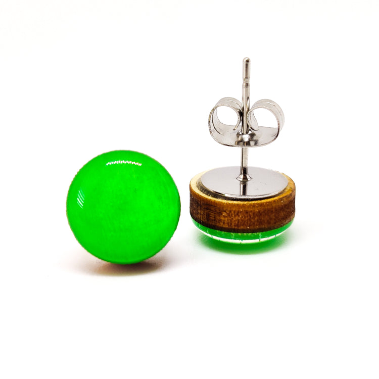 Stud Earrings, Neon Green, 10 mm, Handmade, Stainless Steel Posts for Sensitive Ears - Candi Cove Designs