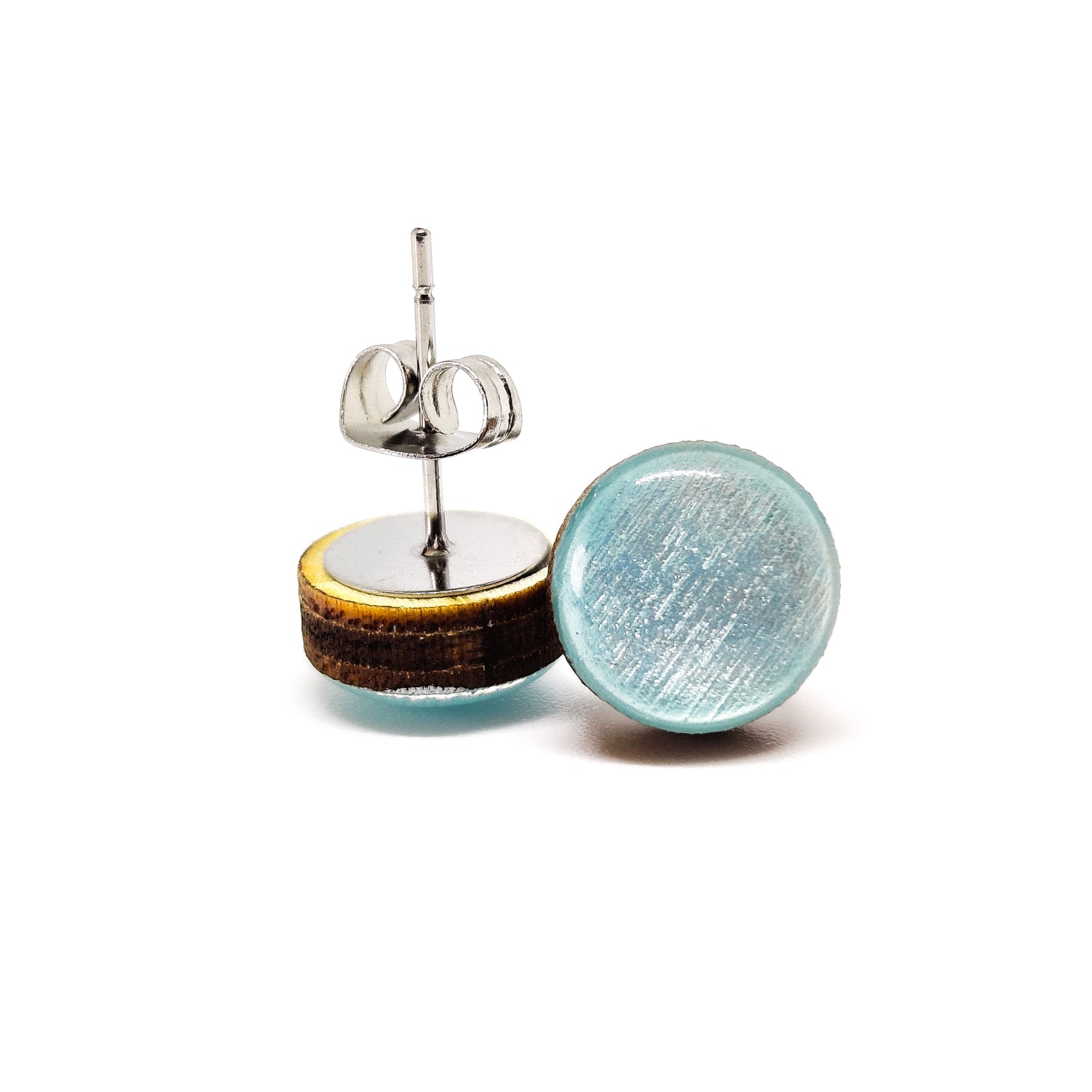 Stud Earrings, Ice Ice Blue Shimmer, 10 mm, Handmade, Stainless Steel Posts for Sensitive Ears - Candi Cove Designs