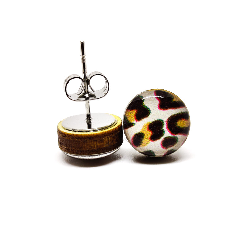Stud Earrings, Cream and Black Cheetah, 10 mm, Handmade, Stainless Steel Posts for Sensitive Ears - Candi Cove Designs
