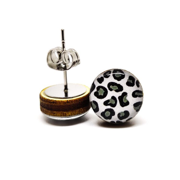 Stud Earrings, Black, White, Grey Snow Leopard, 10 mm, Handmade, Stainless Steel Posts for Sensitive Ears - Candi Cove Designs
