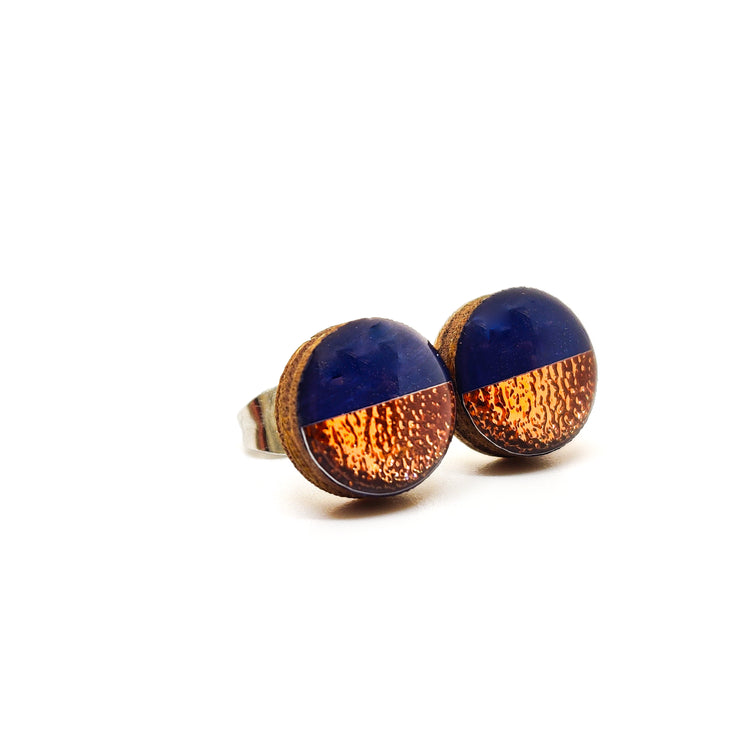 Navy and Rose Gold Faux Hammered Metal 10mm Stud Earrings, Handmade, Posts for Sensitive Ears - Candi Cove Designs