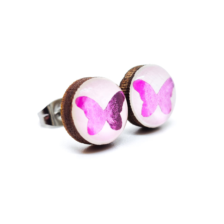 Stud Earrings, Purple Sparkle Butterfly, 10 mm, Handmade, Stainless Steel Posts for Sensitive Ears - Candi Cove Designs