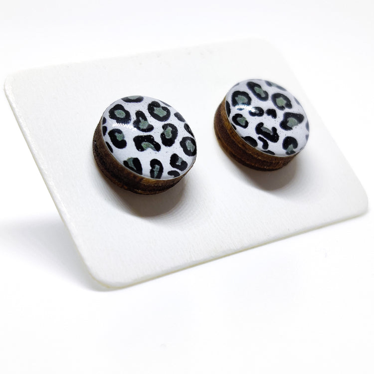 Stud Earrings, Black, White, Grey Snow Leopard, 10 mm, Handmade, Stainless Steel Posts for Sensitive Ears - Candi Cove Designs