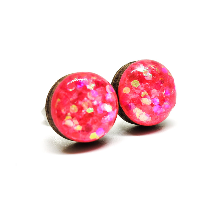 Stud Earrings, Pink Hexagon Confetti Sparkle, 10 mm, Handmade, Stainless Steel Posts for Sensitive Ears - Candi Cove Designs