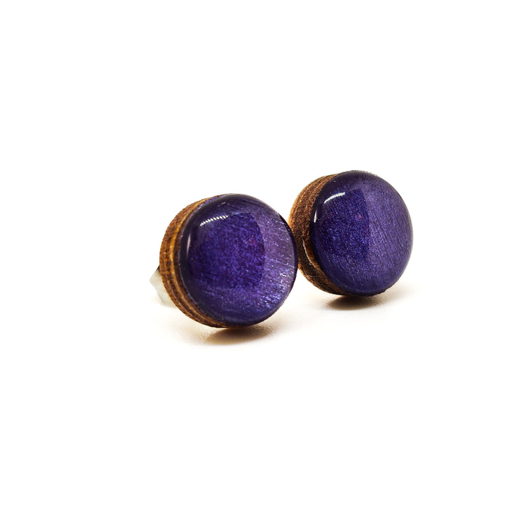 Stud Earrings, Deep Purple Shimmer, 10 mm, Handmade, Stainless Steel Posts for Sensitive Ears - Candi Cove Designs