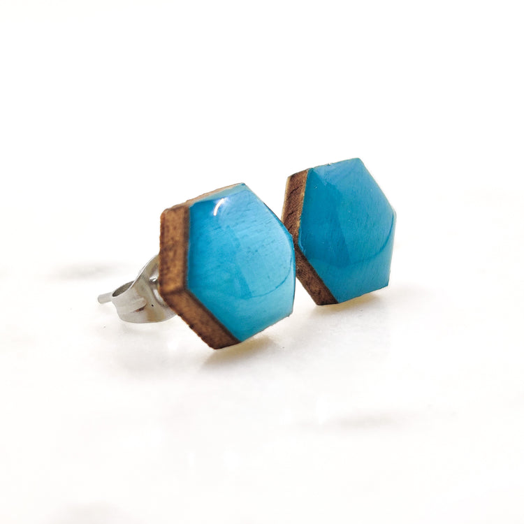 Desert Turquoise Hexagon 10 mm Stud Earrings, Handmade, Stainless Steel Posts for Sensitive Ears - Candi Cove Designs
