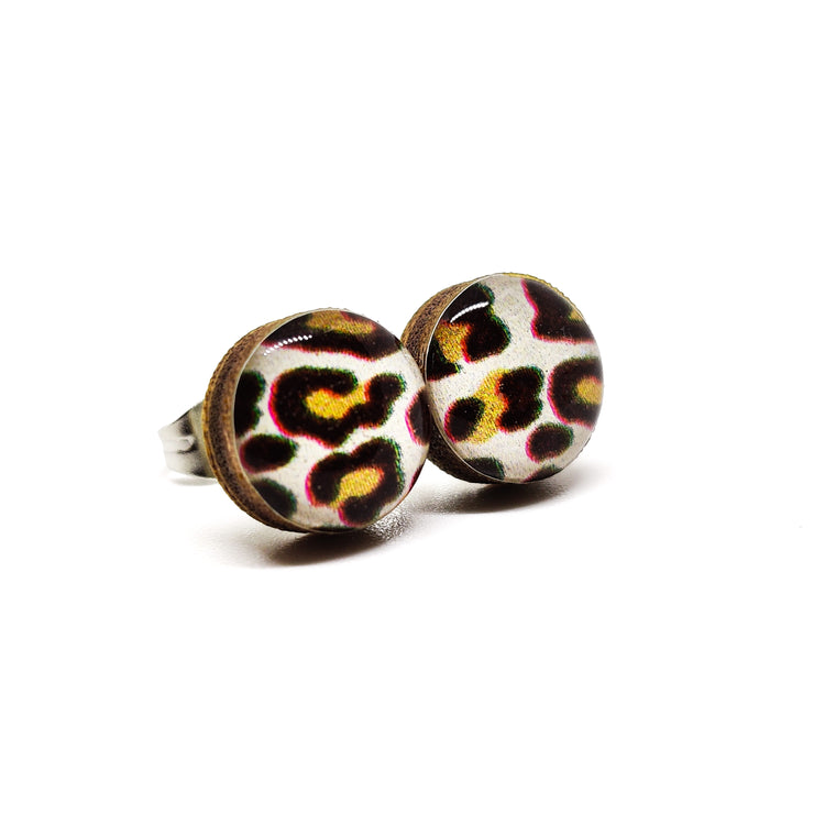 Stud Earrings, Cream and Black Cheetah, 10 mm, Handmade, Stainless Steel Posts for Sensitive Ears - Candi Cove Designs