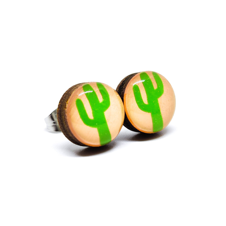 Stud Earrings, Cactus Sunset, 10 mm, Handmade, Stainless Steel Posts for Sensitive Ears - Candi Cove Designs