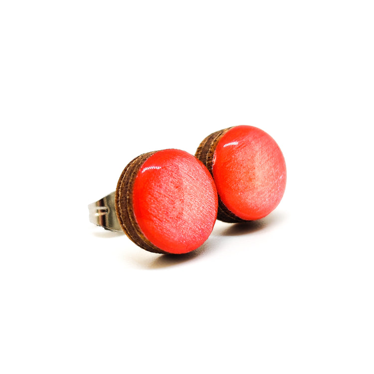 Stud Earrings, Peachy Coral Shimmer, 10 mm, Handmade, Stainless Steel Posts for Sensitive Ears - Candi Cove Designs