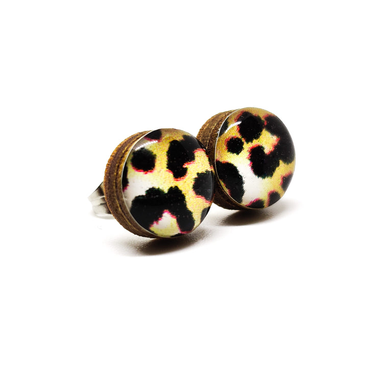 Stud Earrings, Black and Tan Cheetah, 10 mm, Handmade, Stainless Steel Posts for Sensitive Ears - Candi Cove Designs