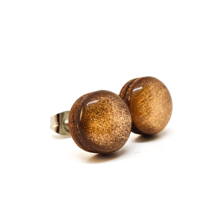 Stud Earrings, Carmel Espresso Shimmer, 10 mm, Handmade, Stainless Steel Posts for Sensitive Ears - Candi Cove Designs