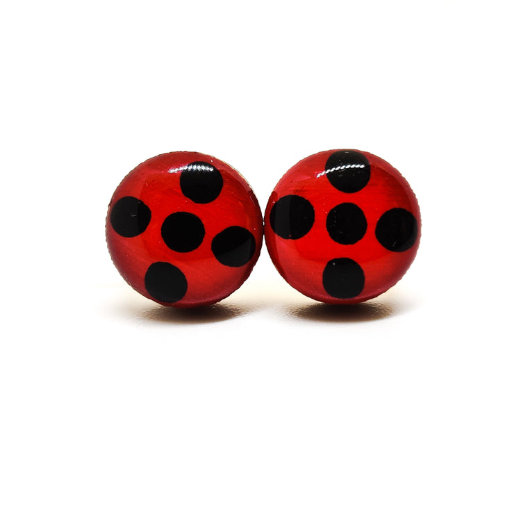 Stud Earrings, Ladybug, 10 mm, Handmade, Invisible Clip on or Posts for Sensitive Ears - Candi Cove Designs