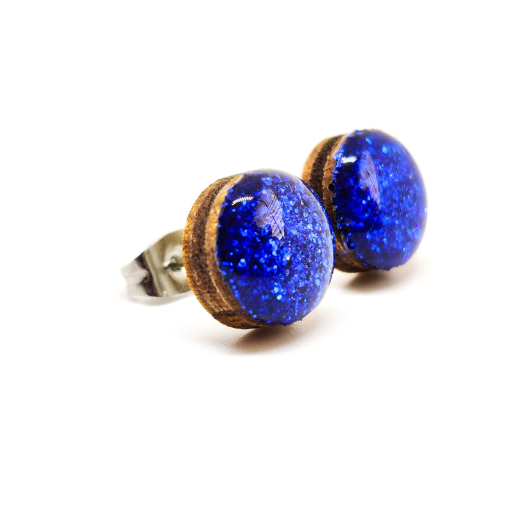 Royal Blue Sparkle 10 mm Stud Earrings Handmade, Stainless Steel Posts for Sensitive Ears - Candi Cove Designs