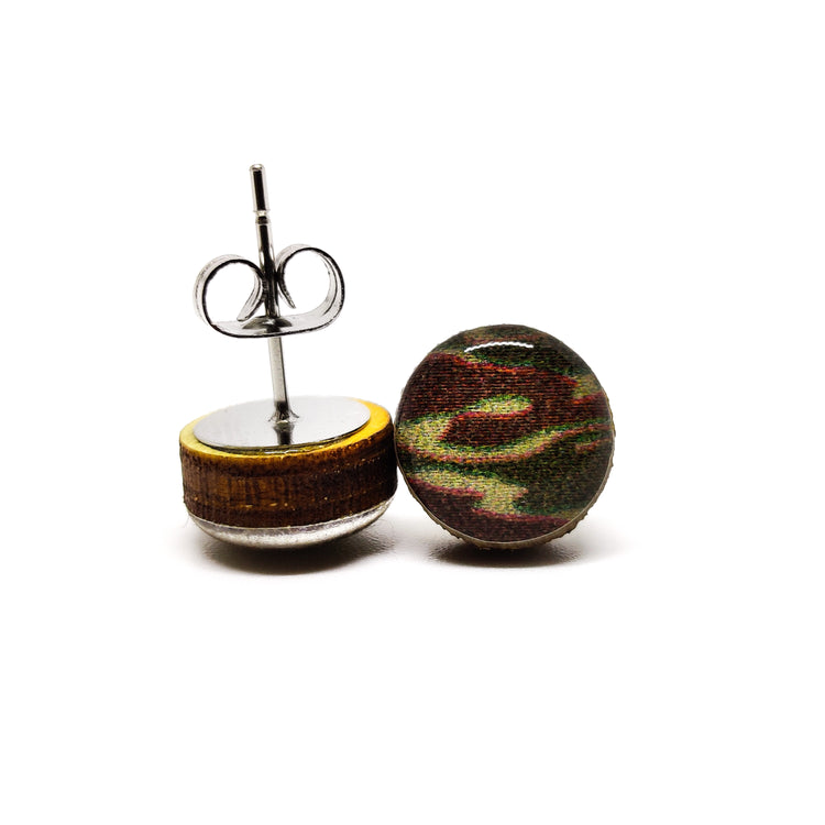 Stud Earrings, Hunter Army Green Camo 10 mm, Handmade, Stainless Steel Posts for Sensitive Ears - Candi Cove Designs