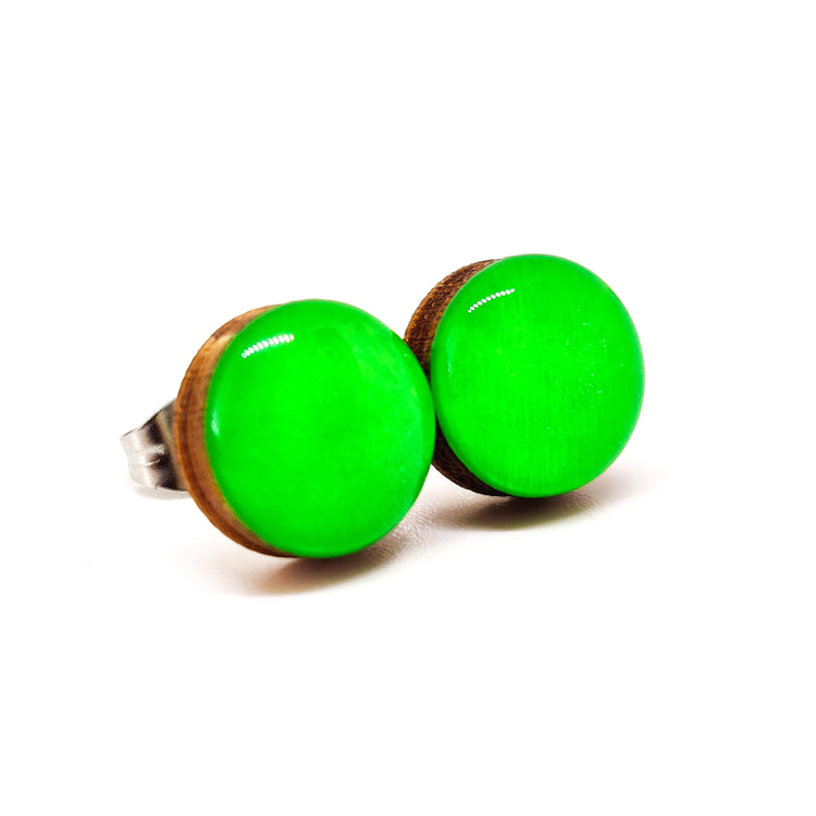 Stud Earrings, Neon Green, 10 mm, Handmade, Stainless Steel Posts for Sensitive Ears - Candi Cove Designs