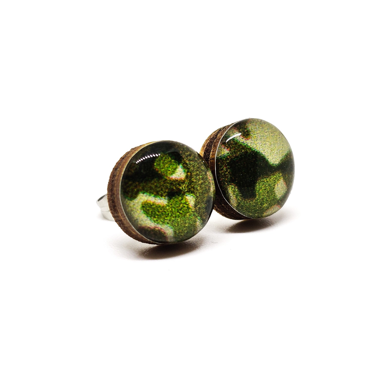 Stud Earrings, Forest Green Camo, 10 mm, Handmade, Stainless Steel Posts for Sensitive Ears - Candi Cove Designs