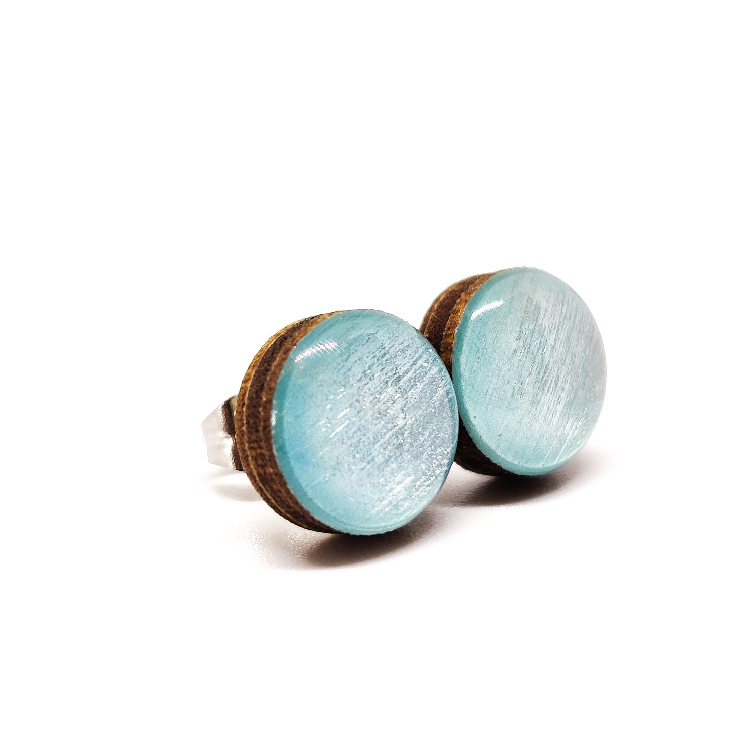 Stud Earrings, Ice Ice Blue Shimmer, 10 mm, Handmade, Stainless Steel Posts for Sensitive Ears - Candi Cove Designs