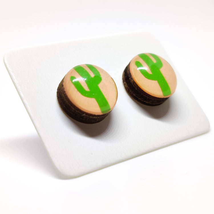 Stud Earrings, Cactus Sunset, 10 mm, Handmade, Stainless Steel Posts for Sensitive Ears - Candi Cove Designs