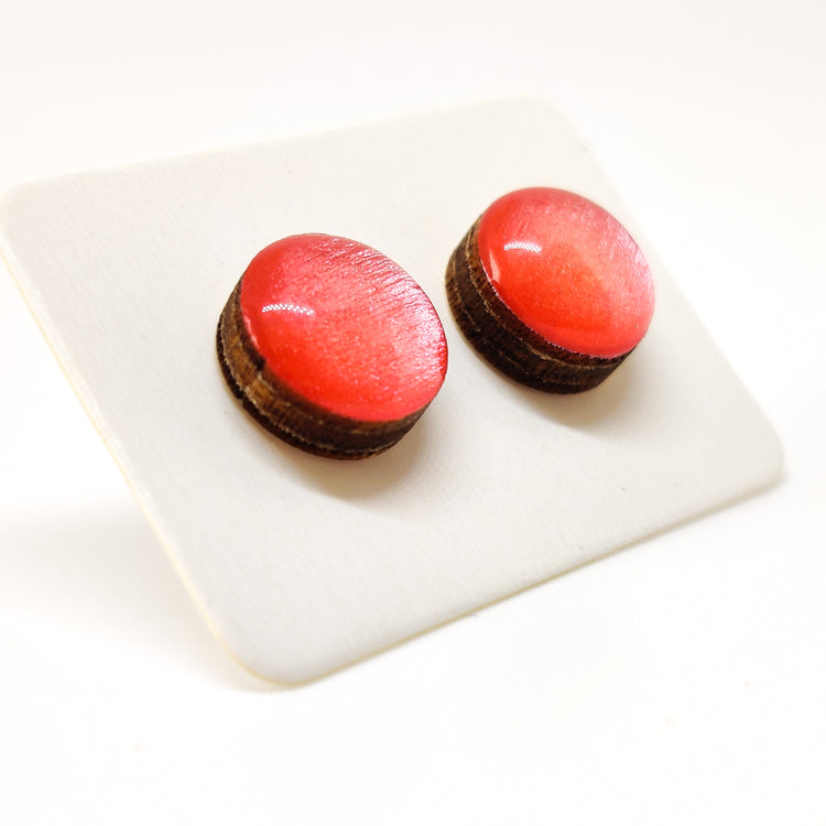 Stud Earrings, Peachy Coral Shimmer, 10 mm, Handmade, Stainless Steel Posts for Sensitive Ears - Candi Cove Designs
