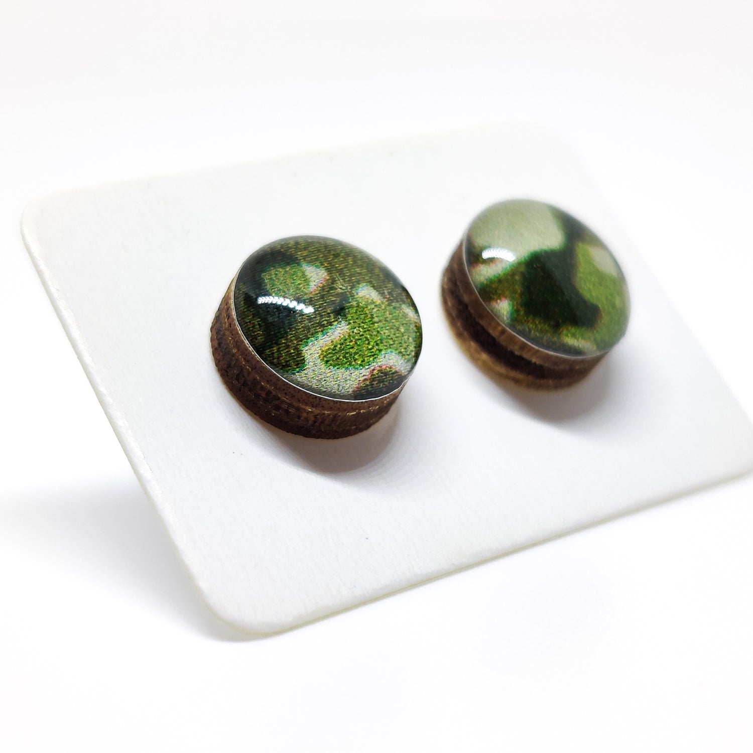 Stud Earrings, Forest Green Camo, 10 mm, Handmade, Stainless Steel Posts for Sensitive Ears - Candi Cove Designs