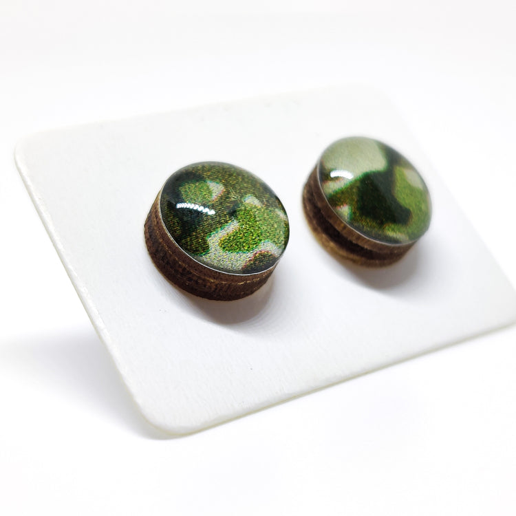 Stud Earrings, Forest Green Camo, 10 mm, Handmade, Stainless Steel Posts for Sensitive Ears - Candi Cove Designs