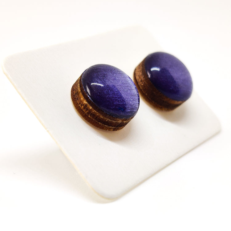 Stud Earrings, Deep Purple Shimmer, 10 mm, Handmade, Stainless Steel Posts for Sensitive Ears - Candi Cove Designs