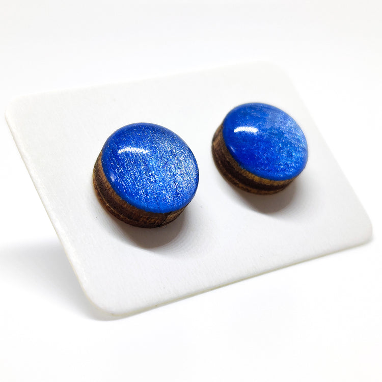 Stud Earrings, Deep Blue Ocean Shimmer, 10 mm, Handmade, Stainless Steel Posts for Sensitive Ears - Candi Cove Designs