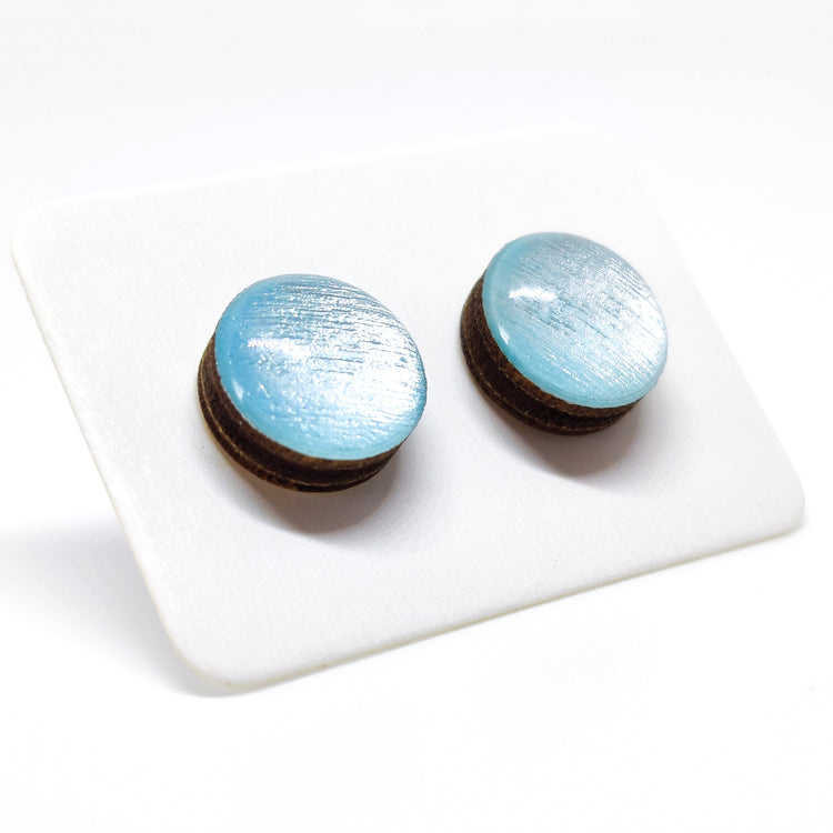 Stud Earrings, Ice Ice Blue Shimmer, 10 mm, Handmade, Stainless Steel Posts for Sensitive Ears - Candi Cove Designs