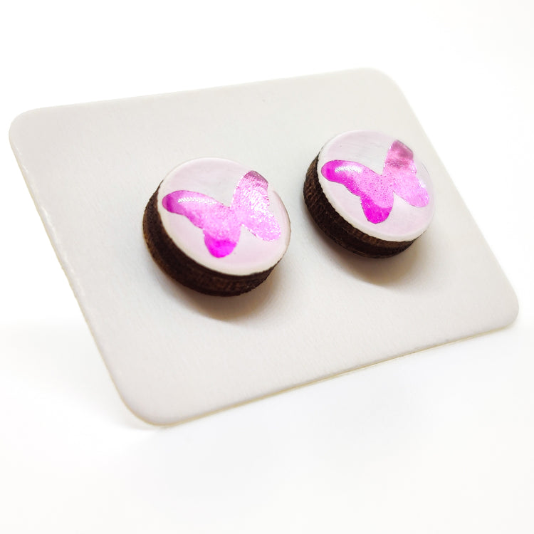 Stud Earrings, Purple Sparkle Butterfly, 10 mm, Handmade, Stainless Steel Posts for Sensitive Ears - Candi Cove Designs
